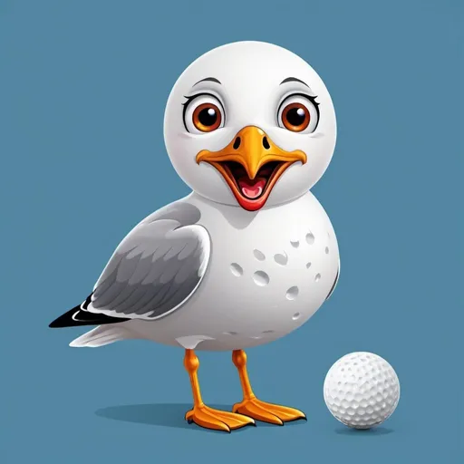 Prompt: create an cartoon image of seagull with golf ball