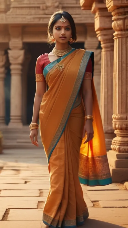 Prompt: (highly realistic image of a beautiful Indian Telugu girl) wearing a traditional saree, walking towards an ancient Vishnu temple, warm color tones, dramatic lighting, serene and sacred atmosphere, intricate saree patterns with vibrant colors, detailed facial features, tranquil expression, ancient temple architecture in background, detailed carvings and idols, soft golden light illuminating surroundings, photorealistic, ultra-detailed, 4K quality.