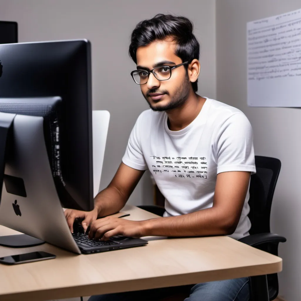 Prompt: Create a image in which a man doing coding on their desktop in front of computer and on his t-shirt the name was written Aman jain was written