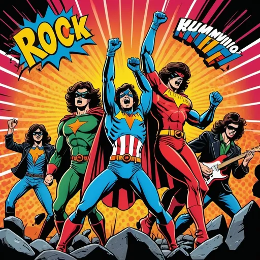 Prompt: (rock and roll band in superhero comic book form), vibrant 1970s colors, bold outlines, dramatic expressions, dynamic poses, retro style, comic strip layout, energetic atmosphere, action-packed scenes, reminiscent of old comic books, playful and engaging design, ultra-detailed graphics, nostalgic vibe, capturing the essence of rock music and superhero action in harmony.