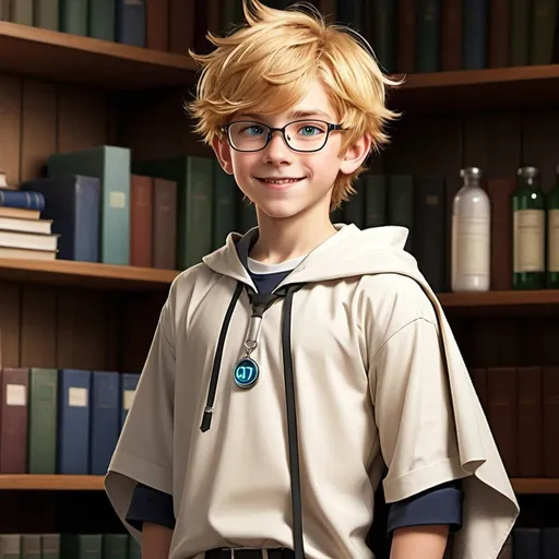 Prompt: Dex from keepers of the lost cities   Fantasy boy skinny teenage boy with short messy strawberry blond hair boy with a I’ll fitting baggy school uniform with a cape/cloak on pants on with a crazy smile innocent nerd friendly conserved shy chemist mad scientist  long pants  baggy schools uniform young kid blushing shy standing up 