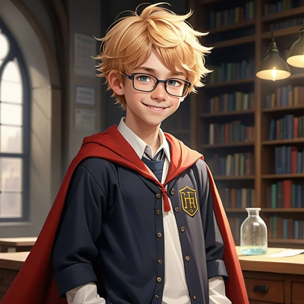 Prompt: Dex from keepers of the lost cities   Fantasy boy skinny teenage boy with short messy strawberry blond hair boy with a I’ll fitting baggy school uniform with a cape/cloak on pants on with a crazy smile innocent nerd friendly conserved shy chemist mad scientist  long pants  baggy schools uniform young kid blushing shy standing up 