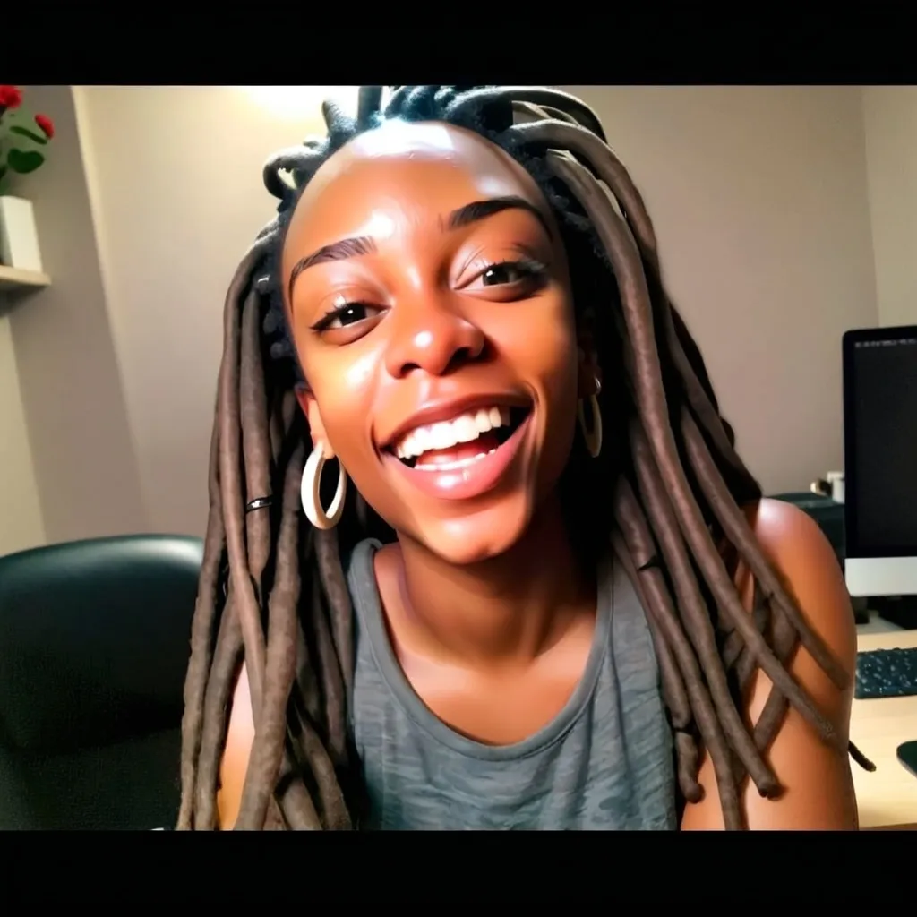 Prompt: girl with long neat locs making content at a home office desk, use image in image to image. nice smile