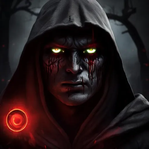 Prompt: man in a shadow in dark hood, red eyes, dark skin, blink face, blood mage, penta, cultist, demon