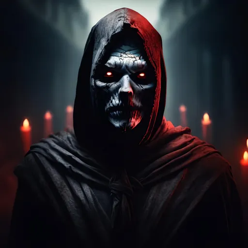 Prompt: man in a shadow in dark hood, red eyes, white skin, blink face, hands of corpses behind a man