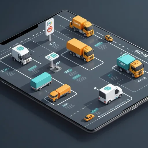 Prompt: A futuristic transportation dashboard with 3D icons of tow trucks, service stations, and location pins, showcasing a digital interface with availability status and job listings. The design features a clean, modern look with muted colors, isometric perspective, and minimalistic background. The theme is transportation and logistics, with a focus on driver and vehicle management.