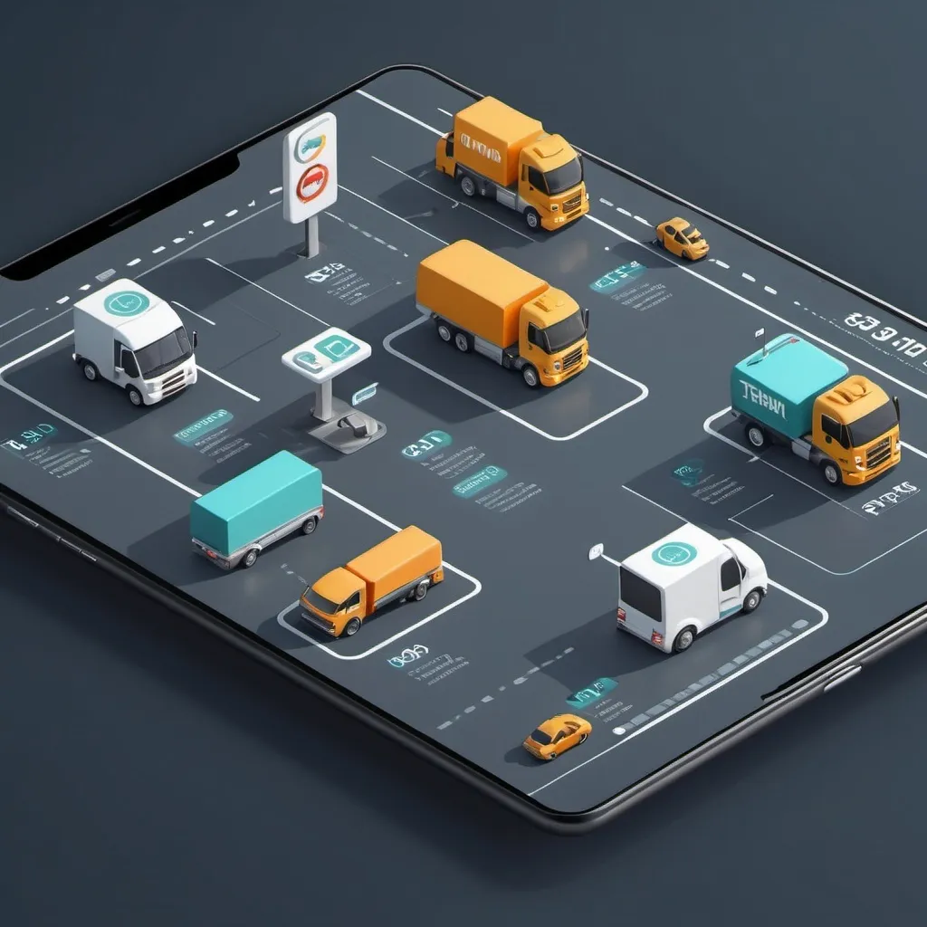 Prompt: A futuristic transportation dashboard with 3D icons of tow trucks, service stations, and location pins, showcasing a digital interface with availability status and job listings. The design features a clean, modern look with muted colors, isometric perspective, and minimalistic background. The theme is transportation and logistics, with a focus on driver and vehicle management.