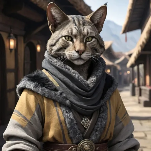 Prompt: Tabaxi with grey and black fur in a travelers clothing