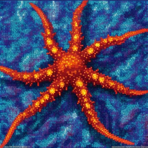 Prompt: Terrifying deep sea starfish. Hyper realistic. In a 2D top down pixel art style