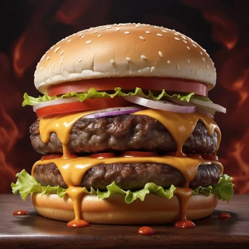 Prompt: I want the hyper-realistic hamburger without cheese with the most tantalizing and depraved sauces you can get me on the background of the world
