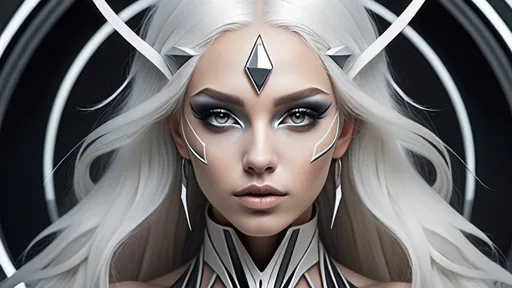 Prompt: "Create a unique fantasy character with sharp, artificial facial features, piercing eyes, white-silver hair, and delicate face adornments. Geometric lines blend into the skin like futuristic jewelry. The atmosphere should convey mystery, power, and an unnatural beauty in a futuristic fantasy style."