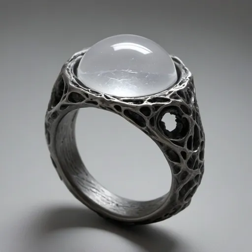Prompt: This ring is made of mist-hued silver, cool and almost intangible to the touch. When exposed to dim light, an eerie, pale glow shimmers just beneath its surface, as though containing a captured breath of fog.
