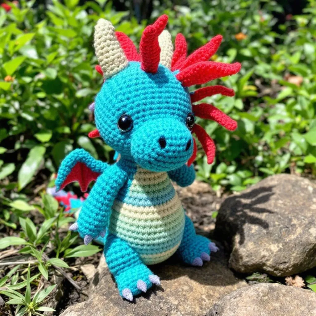 Prompt: Red and blue dragon crochet pattern 