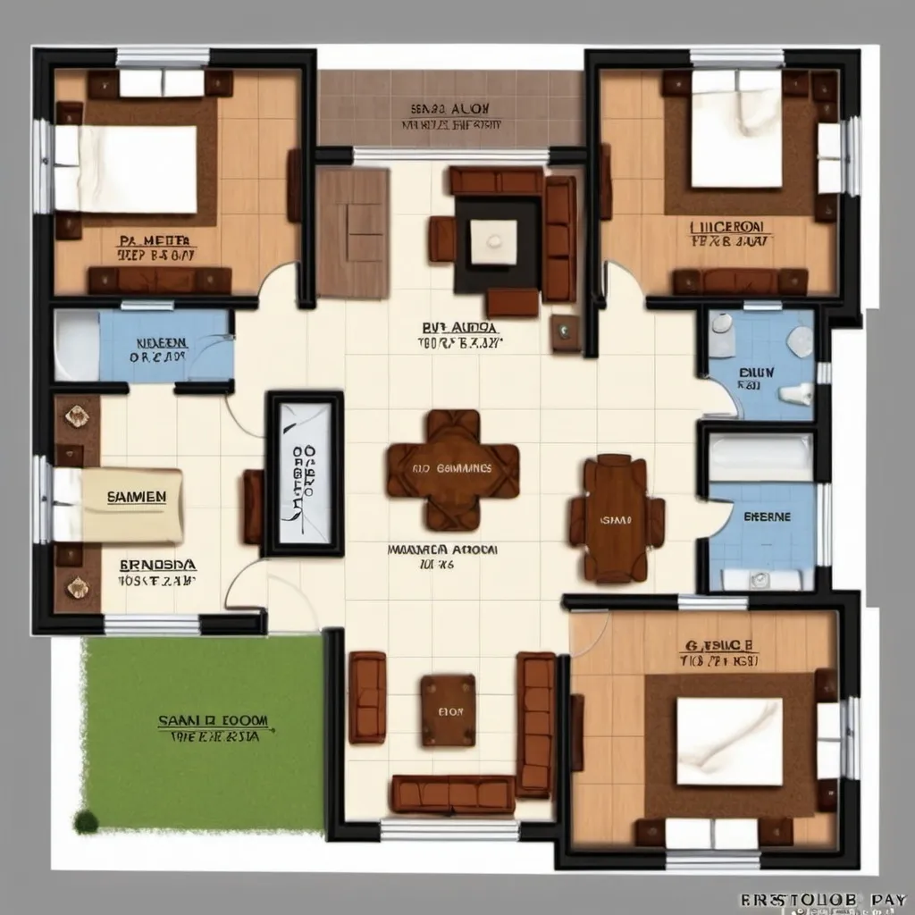 Prompt: Create a 2d house plan which includes

Ground floor 
1 living room (double ceiling)20×15
Dining area 10×10
1 kitchen 12×12
1 study room or office 10×10
1 pooja 12×12
1 shoes area or verandah 7×7
1 master bathroom 10×10
House floor :
Basement which include
 gym 20×15 
1 store room 10×15
1 gaming room 10×10
 ,First, second and third terrace 
5 bedroom (3master bedroom each floor one which also includes dressing area with balcony) 15×15
Sizes in feet are given
