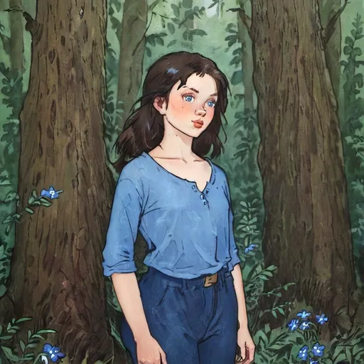 Prompt: brunette girl, with blue eyes, in the forest