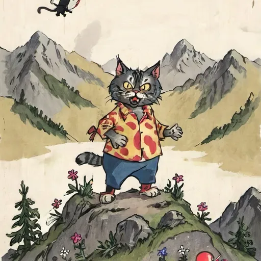 Prompt: crazy cat  in the mountians