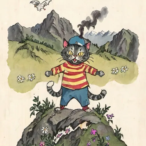 Prompt: crazy cat  in the mountians