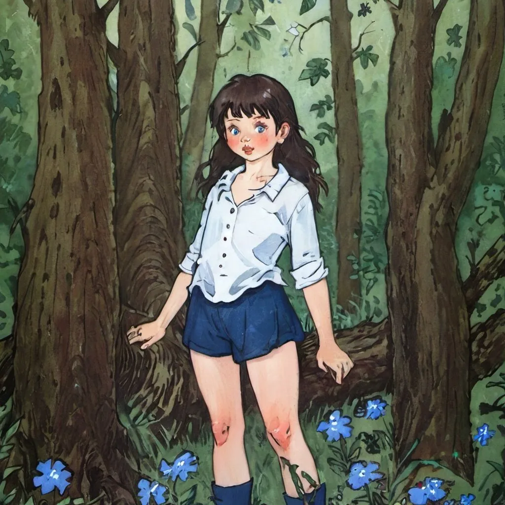 Prompt: brunette girl, with blue eyes, in the forest