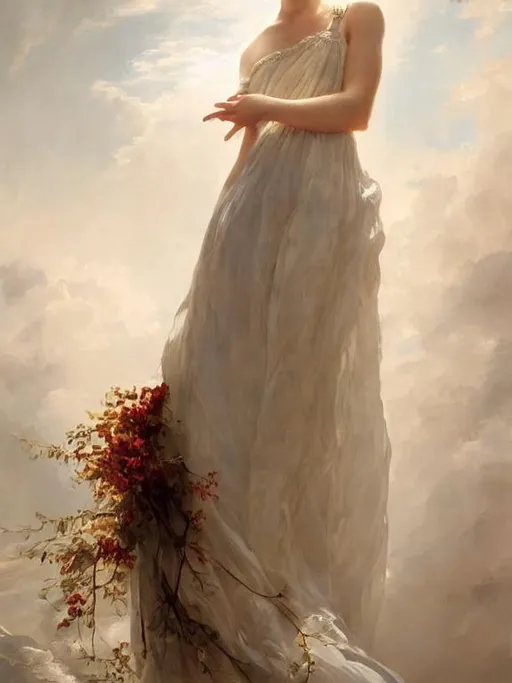 Prompt: a painting of a woman in a white dress, a fine art painting, inspired by Henryk Siemiradzki, stunning sunny lighting, candlelit, john park, beautiful painting of a tall