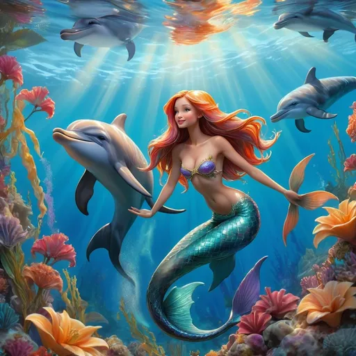 Prompt: (mermaid with dolphins), (clear blue water), vibrant, serene atmosphere, tropical setting, sunlit reflections, intricately detailed scales, playful dolphins, aquatic plants gently swaying, soft waves, dreamy underwater scenery, high depth colors, enchanting mood, ultra-detailed, captivating composition, peaceful interaction between mermaid and dolphins.