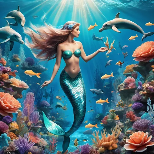 Prompt: (male mermaid), enchanting underwater scene, surrounded by (colorful dolphin), (gentle turtles), and a (graceful sea horse), shimmering water world, vibrant coral reefs, soft light filtering through, magical ambience, serene atmosphere, ultra-detailed, high fantasy, captivating oceanic hues like cerulean blue and lush aquamarine, dynamic movement, aquatic adventure, exquisite aquatic flora and fauna.