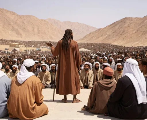 Prompt: Prophet Hud speaking with his people 