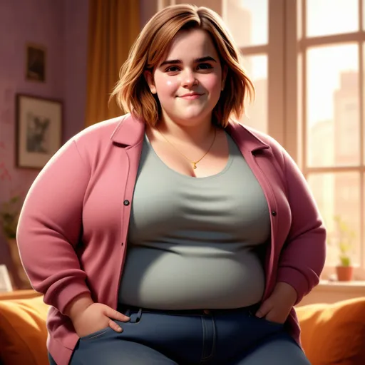 Prompt: Obese Emma Watson, character design, soft facial features, playful expression, wearing a casual stylish outfit, exuding confidence, full of life, detailed facial expressions, vibrant colors, appealing to modern audiences, harmonious background with a cozy setting, warm ambient lighting, ultra-detailed, high-quality digital art.