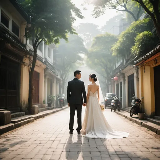 Prompt: In the picture, the groom and groom are standing side by side on a classic stone-paved street in Hanoi. The groom is wearing a traditional black suit, while the groom is wearing a sleek white wedding dress. Sunlight shines through the layers of the groom's soft dress, creating a warm and romantic light effect.

The photo is captured with a wide-angle lens, creating a sense of open and expansive space, highlighting the image of the couple. Vintage color film is used to create a classic, romantic, and warm feel, with gentle colors and a touch of graininess reminiscent of vintage photos.

The scene of the Hanoi streets with ancient houses and lush trees serves as the backdrop for the photo, adding to the romantic and classic beauty of the space. This creates a beautiful, refined, and emotional photo of love and happiness on the couple's wedding day