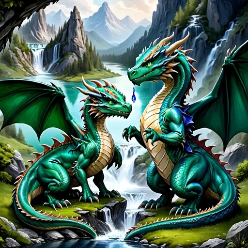 Prompt: In a magical kingdom nestled between emerald hills and sapphire lakes, dragons and humans lived together in harmony.