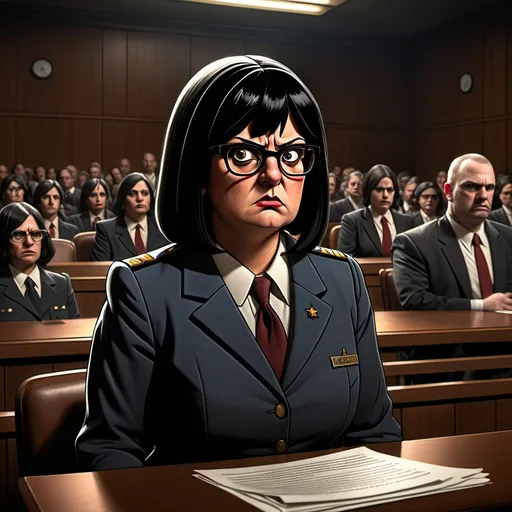 Prompt: (3D realism style), (dark color scheme), courtroom scene, Tina Belcher as a war criminal, intense expressions, angry demeanor, dramatic lighting casting harsh shadows, ominous atmosphere, tension-filled ambiance, depicting a trial setting, hint of dictator symbolism, powerful imagery highlighting themes of conflict and chaos, ultra-detailed, an evocative sense of menace in the portrayal.