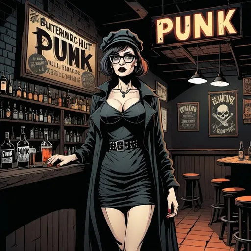 Prompt: Graphic novel style, vector art style, will eisner style,  colored , a woman with glasses wearing a black garment ( gothic) , in a underground bar , a big sign with inscription  'punk hut' , full body view , dark atmosphere, 