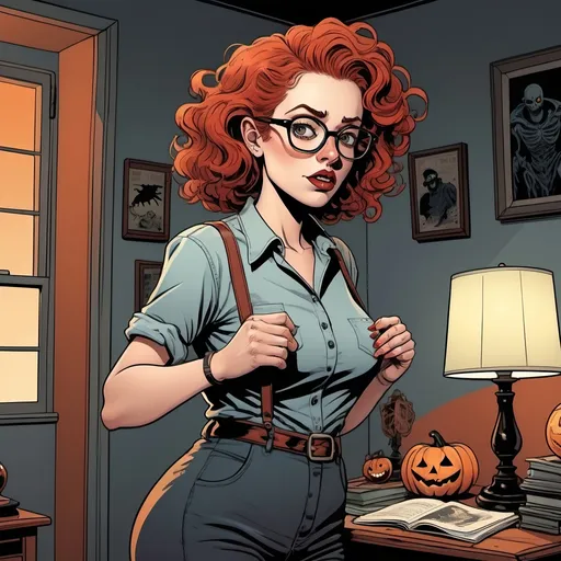 Prompt: Graphic novel style, vector art style, will eisner style,  colored , a woman with glasses , curly red hair, button nose, wearing horror movie shirt, curvy body, setting up there home with Halloween decorations , full body view, light atmosphere