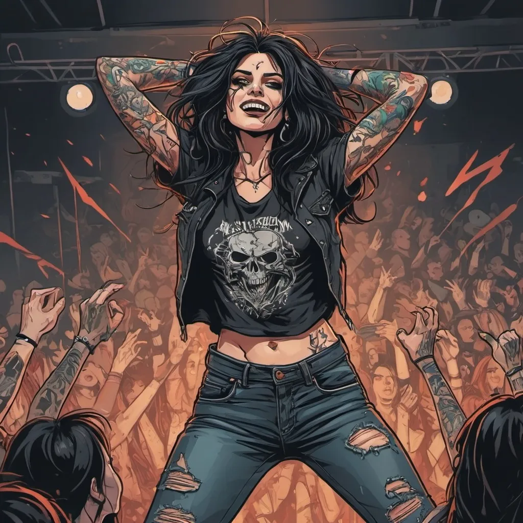 Prompt: Graphic novel style, vector art style, colored, Metalhead women, tattoos, ripped jeans, Dark hair, Moshing, dancing, Background is a concert