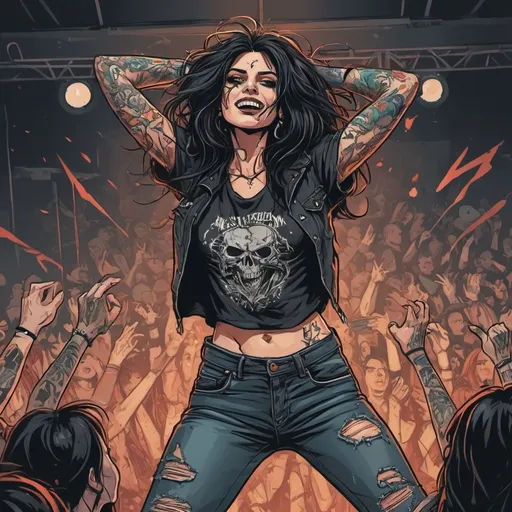 Prompt: Graphic novel style, vector art style, colored, Metalhead women, tattoos, ripped jeans, Dark hair, Moshing, dancing, Background is a concert