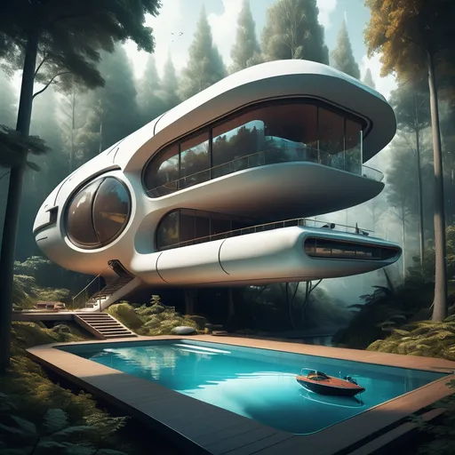 Prompt: a futuristic house with a swimming pool in the middle of it and a boat on top of it in the middle of the forest, Didier Mouron, afrofuturism, futuristic, a digital rendering , more real with definition