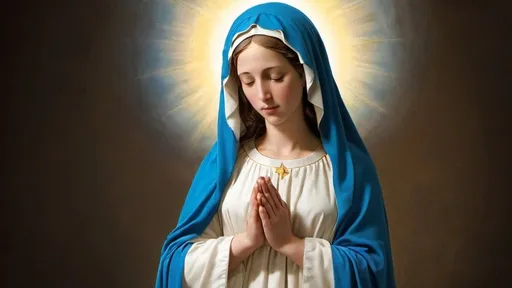 Prompt: Create an image of Mary, the Mother of Jesus, depicting her as a serene and compassionate figure. She should be dressed in traditional biblical attire, with a flowing blue mantle and a white veil. 