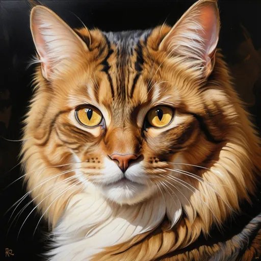 Prompt: Realistic oil painting of a regal cat, rich gold and deep brown fur, piercing amber eyes, elegant and poised stance, subtle play of light and shadow, fine brushwork capturing intricate details, high definition, lifelike, oil painting, realistic, regal, elegant, amber eyes, rich fur, detailed brushwork, professional lighting