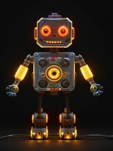 Prompt: A lively happy robot, built from lots of parts, gears, wires, lights.  
