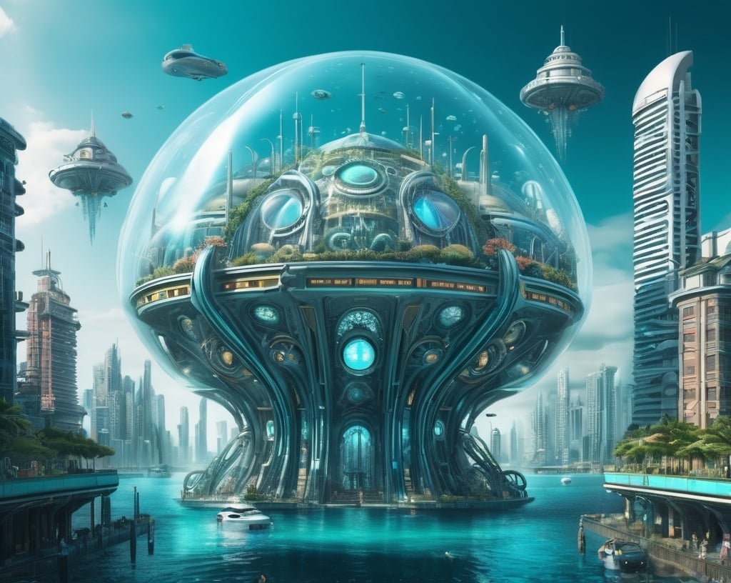 Prompt: biomechanical style undersea dome city. blend of organic and mechanical elements, futuristic, cybernetic, detailed, intricate