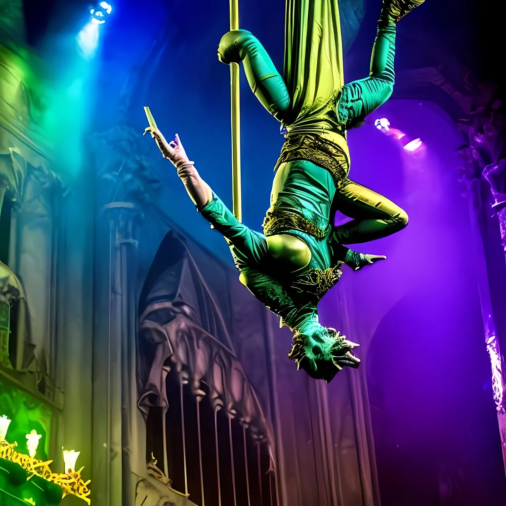 Prompt: gargoyle aerialist in a neo punk Venetian inspired costume in the blue, green, pink, purple, gold, black color scheme.  they are performing in a Las Vegas show at the Venetian theater based on Dante's inferno.