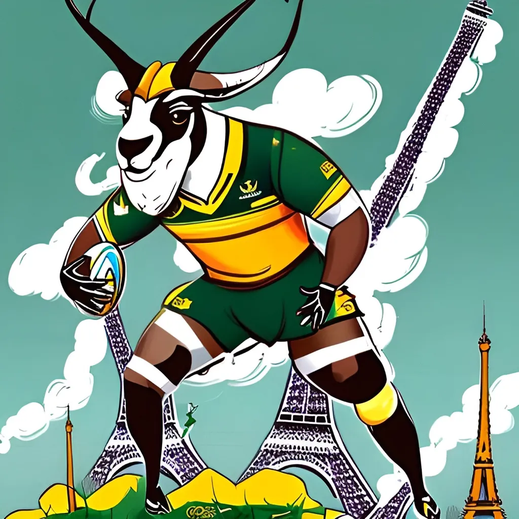 Prompt: Illustration of a Springbok dressed like a rugby player and climbing the Eiffel Tower