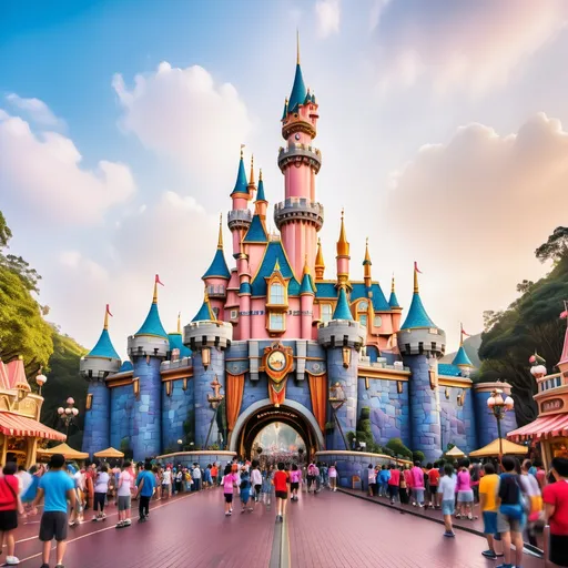 Prompt: (wide view of a majestic castle), Disneyland Hong Kong, colorful parade in front of the castle in the morning, magical atmosphere, cheerful ambiance, vibrant colors, intricate architectural details, playful characters, visitors in awe, ultra-detailed, bright lighting, viral photography style, imaginative wonderland ambiance.