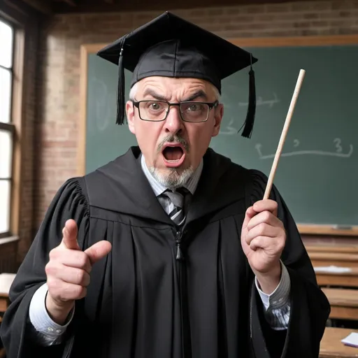 Prompt: A very angry English schoolmaster  with wireframe glasses and a gray goatee in black robe and stripped tie and wearing a velvet Tam  Graduation Cap with Tassel looking directly at camera standing in an old time classroom with a brick wall and chalkboard gesturing with a thin black pointer stick
