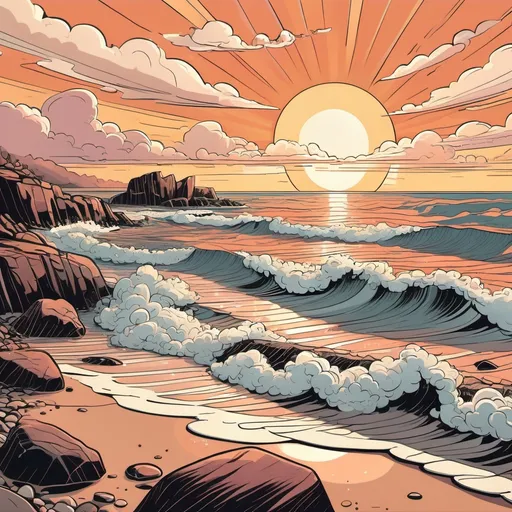 Prompt: Rocky beach, gently breaking waves, sun , clouds, detailed, romantic sunset colors, graphic novel illustration,  retro feminine