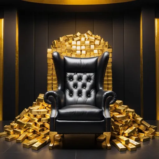 Prompt: a black leather fancy chair with huge piles of gold bars in the background extending far back into a huge room