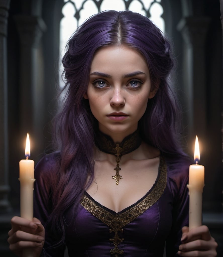 Prompt: 
A hyperrealistic and hyperdetailed image of a female character kneeling in a dark, medieval-like setting. She has long, wavy purple hair partially tied back, with some strands framing her delicate face. Her violet eyes and slightly flushed cheeks give her a melancholic, enigmatic expression. She wears a dark purple and black outfit with intricate gold detailing that fits snugly to her body. Her arms, part of her chest, and legs are exposed. In the scene, she is holding a book in one hand and a candle in the other. The atmosphere is gothic and dim, with dramatic lighting provided by the candles around her. The background is dark and shadowy, enhancing the mysterious and sinister vibe. The image should be captured with a Sony A7R IV, 28mm lens, high contrast, and muted tones.

