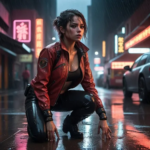 Prompt: 
A gritty, hyperrealistic scene featuring a fierce, confident female character kneeling in the middle of a rain-soaked, neon-lit street. Her short, tousled hair is wet and partially obscures her face, with strands clinging to her forehead. She wears a red leather jacket over a black, form-fitting outfit, accentuating her athletic build. The jacket is open, revealing a tactical harness and straps, with visible wrinkles and rain droplets. Her expression is determined and focused, looking off to the side as she aims a futuristic, glowing pistol that emits a bright, fiery beam. Her other hand holds a traditional handgun, ready for action. The character's skin is exposed on her arms and thighs, with intricate tattoos visible. The background showcases a bustling cityscape with colorful neon signs in a foreign script, blurred car headlights, and reflections on the wet pavement. The atmosphere is dark and intense, with heavy rain adding a dynamic, dramatic effect to the scene. The image is shot with high contrast and muted tones, enhancing the edgy and mysterious vibe.