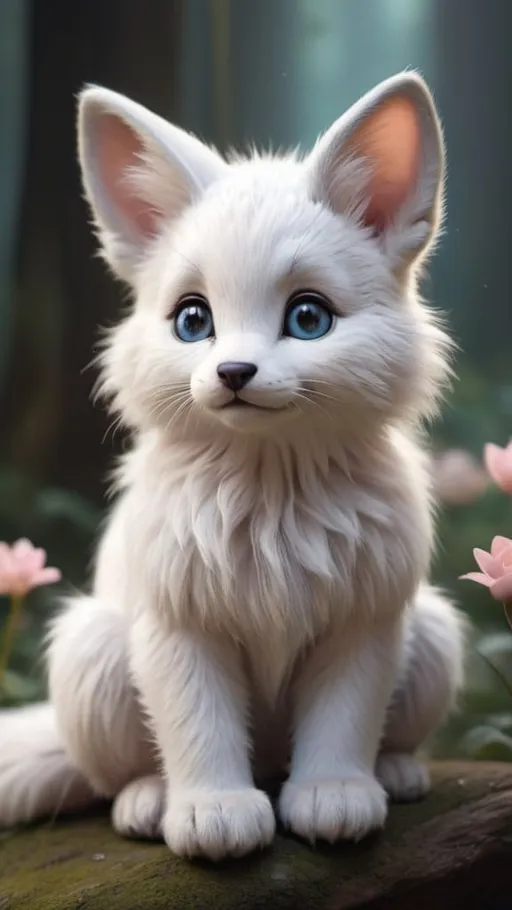 Prompt: Create a hyperrealistic and vertically oriented image of a sweet, innocent creature with a high cuddle factor. The creature should be small and fluffy, sitting centrally in the frame. It has big, round, sparkling eyes that convey innocence and warmth, with a gentle smile on its face. The creature's fur is soft and plush, a blend of light pastel blue and white, giving it an angelic appearance. The ears are floppy and slightly oversized, adding to its endearing charm. The paws are round and tiny, with soft pink pads visible. The background is a soft gradient of pastel colors, enhancing the creature's cuteness and the overall warm, inviting atmosphere. The image should be detailed, capturing the texture of the fur and the shimmer in the eyes, with a high contrast and muted tones. The lighting is gentle and diffused, adding a dreamy quality to the scene.