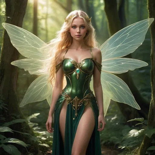 Prompt: A beautiful fairy stands in a lush, sun-dappled forest pathway. Her full body is visible, with delicate, translucent wings extending from her back, sparkling with hints of light. She has long, flowing, wavy blonde hair that cascades over her shoulders, partially covering her face. Her expression is calm and serene, with wide, bright blue eyes and delicate, flawless facial features. She is dressed in an elaborate, dark green and gold armor-like outfit with intricate designs, exposing her shoulders, upper arms, and much of her legs. Her chest is adorned with a large, glowing green gemstone. The outfit is tight-fitting, emphasizing her slender waist and curves, with a high slit on the skirt revealing her thighs. She stands confidently, her hands relaxed by her sides. The background is a dense, green forest with a soft, glowing light filtering through the leaves, creating a magical and ethereal atmosphere. The mood of the image is serene and mystical, with soft, natural lighting enhancing the fairy's ethereal presence.