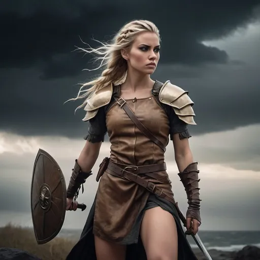 Prompt: A fierce warrior woman is standing in a dramatic, stormy landscape. Her body is visible from the thighs up. She has a determined expression on her face with intense eyes accentuated by dark eyeliner. Her hair is blonde, shaved on one side, and styled with small braids, the rest cascading over her shoulder. She is wearing a worn, brown leather armor over a beige tunic, with a leather belt cinched at her waist. Her outfit has subtle wrinkles and a rugged texture. She is holding a large, round wooden shield with a weathered appearance in her left hand, and a long sword in her right. The background features dark, ominous clouds, enhancing the intense and somber mood of the scene. The lighting is natural, subdued by the overcast sky, casting a soft, diffused light on the character. winterscene

